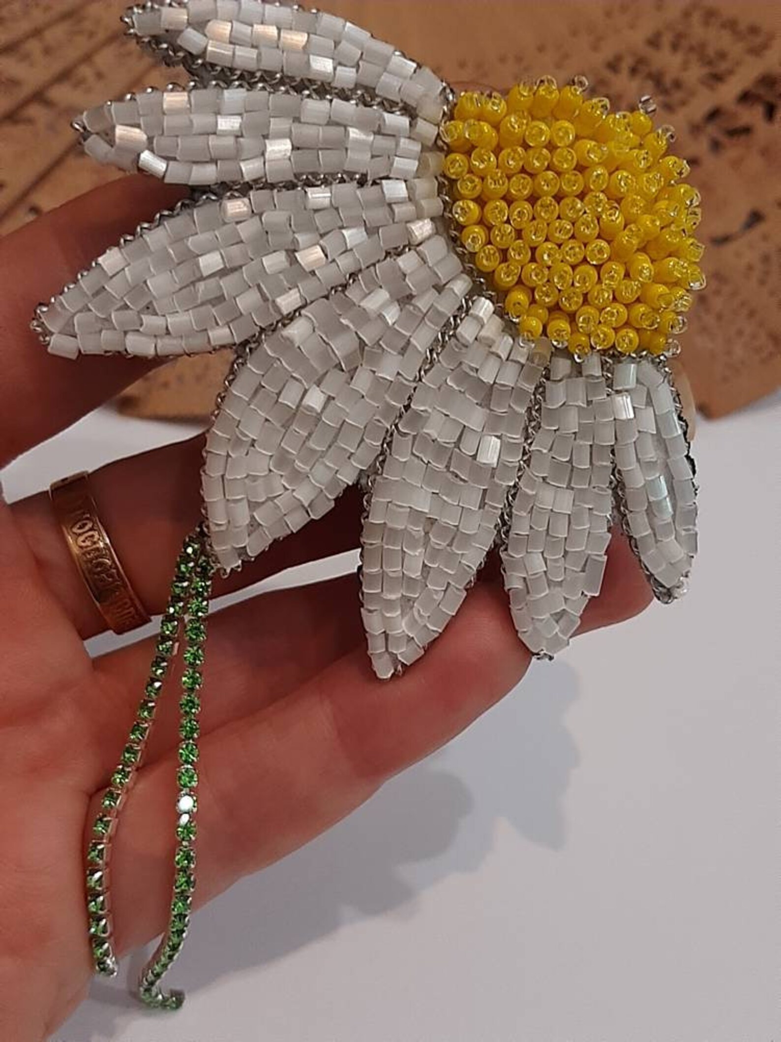 Beaded brooch brooch made of beads flower chamomile handmade Etsy