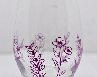 Floral Stemless Wine Glass, Purple Flowers, 21st Birthday Gift for Her