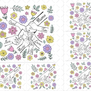 Mother's Day Mom Hand Flower Designs PNG, Family Floral Mom Kids Hand PNG Sublimation, 1 to 6 Children Holding Mama's Hand Bundle PNG Files