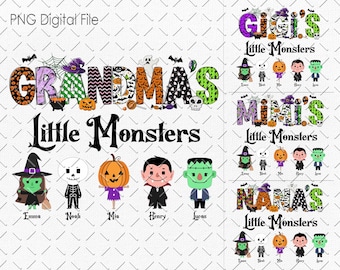 May include: A digital file with the text "GRANDMA'S Little Monsters" in orange, purple, and green, with Halloween-themed illustrations. The image includes the text "PNG Digital File".