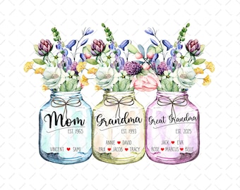 Mom Grandma Great Grandma Est Png, Floral Mama Design With Year, Kids Name Png, Nana Mimi Gigi Grandchild Name Digital File, Mothers Day Png