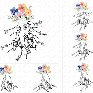 Floral Grandma Holding Grandchild Hands PNG Designs, 1-5 Kids Holding Hand, Nana Mimi Gigi Grandchildren Names Png Bundle, Mother&#39;s Day File