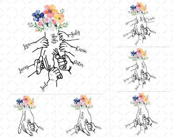 Floral Grandma Holding Grandchild Hands PNG Designs, 1-5 Kids Holding Hand, Nana Mimi Gigi Grandchildren Names Png Bundle, Mother's Day File