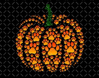 Puede incluir: Un diseño de calabaza hecho de huellas de patas naranjas y amarillas con un tallo verde. La calabaza está sobre un fondo negro con un patrón de diamantes. Un diseño festivo y único para Halloween o amantes de las mascotas.