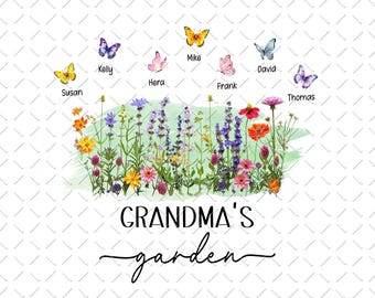 Grandmas Garden PNG, Mother's Day Birth Month Flower Png, Floral Png, Nanas, Gigis, Nannys Butterfly With Kid Names Png Sublimation Download