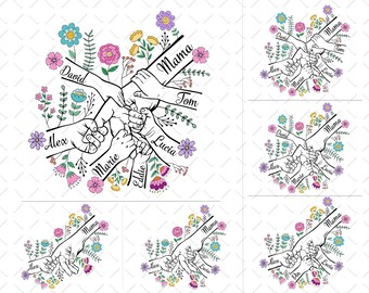 Mom Holding Hands With 2 3 4 Kids PNG Digital Download, Mother's Day Floral PNG, Flower Mama Holding Kid Hands Png Design, Mom Baby Hand Png