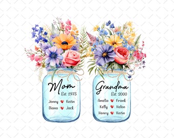 Grandma Flower PNG, Mother’s Day Designs for Grandma, Nana Mimi Gigi Grandchildren Names Png, Mother's Day File, Grandma Birthday Png