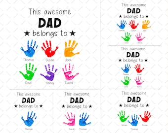This Awesome Dad Belongs To PNG Instant Download, 1-5 Kids Handprint Png Designs, Dad Kids Names Hands Sublimation, Fathers Day Dad Gift Png