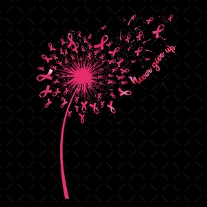 Puede incluir: Diente de le&oacute;n en forma de cinta rosa con las palabras "Never give up" que se van volando con el viento. El diente de le&oacute;n est&aacute; sobre un fondo negro.
