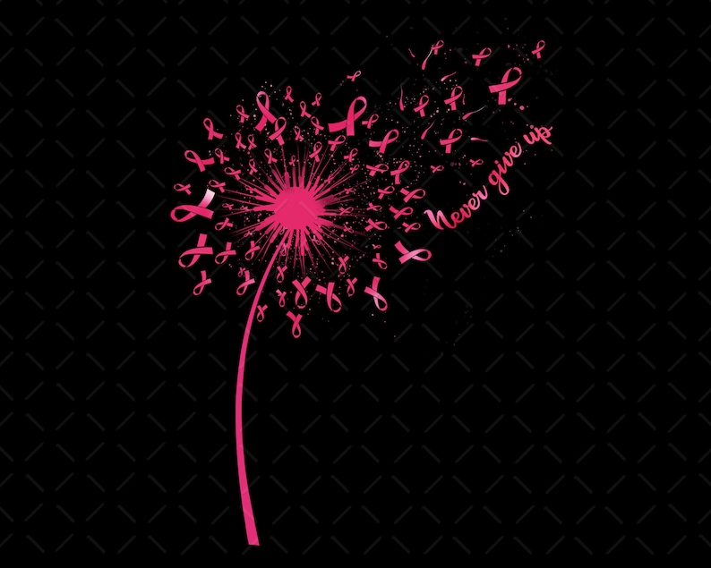 Puede incluir: Diente de le&oacute;n en forma de cinta rosa con las palabras "Never give up" que se van volando con el viento. El diente de le&oacute;n est&aacute; sobre un fondo negro.