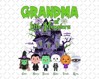 May include: A Halloween-themed graphic featuring the text "Grandma of Little Monsters" in green. Below, a purple haunted house is surrounded by cartoon monsters: a witch, vampire, Frankenstein, skeleton, pumpkin, and mummy. Each character has a name.