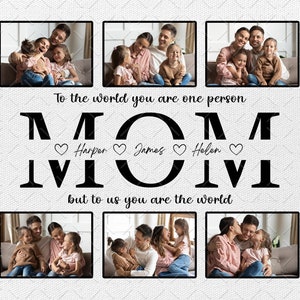 May include: A black and white graphic design with the word "MOM" in large letters. The letters are decorated with hearts and the names "Harper", "James", and "Helen". The graphic is surrounded by six photos of a family with three children.