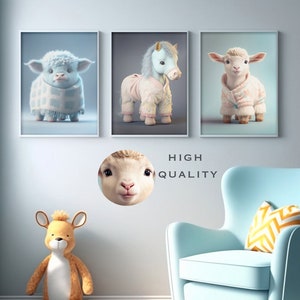Digital baby animals in clothes, wall art decor boy nursery, cute printable download prints, quirky horse, goat, highland cow, pastel blue