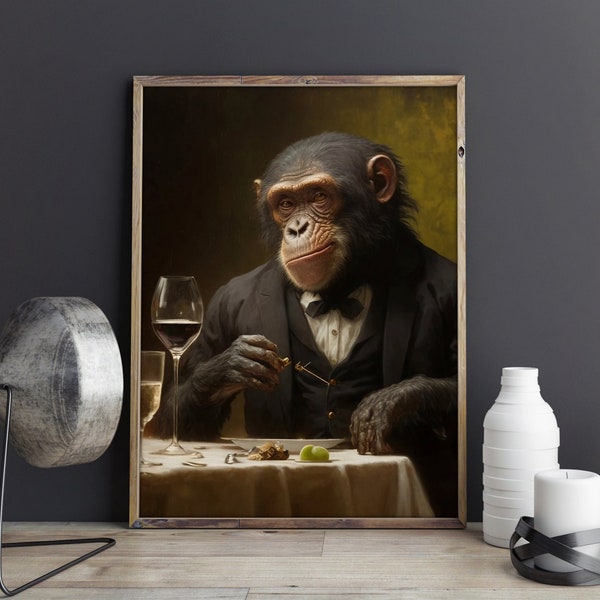 Kitchen wall decor, digital monkey in suit portrait, download prints home decor, printable room art, funny chimpanzee at restaurant wall art