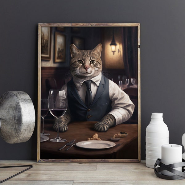 Kitchen wall decor, digital Cat in suit portrait, download prints home decor, printable room art, funny cat at restaurant, original wall art