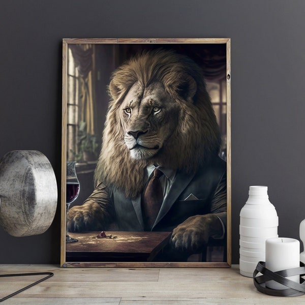 Kitchen wall decor, digital lion in a suit portrait, download prints home decor, printable room art, king of beasts at restaurant, wall art