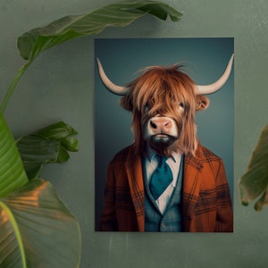 Digital quirky home wall art, fashion Highland Cow in suit, stylish decor, hallway, living room, office, animal Interior design, retro