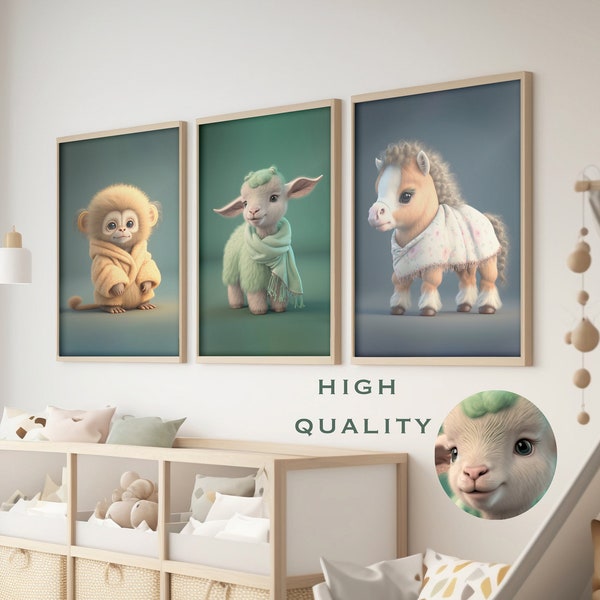 Bébés animaux numériques dans les vêtements, pépinière de fille de garçon de décor d'art de mur, impression imprimable mignonne de téléchargement, singe excentrique, cheval, mouton, pastel d'animal familier