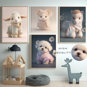 Digital baby animals in clothes, wall art decor girl's nursery, cute printable download prints, quirky dog, mouse, horse, goat, sweet pastel