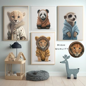 Digital baby animals in clothes, wall art decor boy girl nursery, cute printable download print, quirky lion, panda, meerkat, leopard pastel