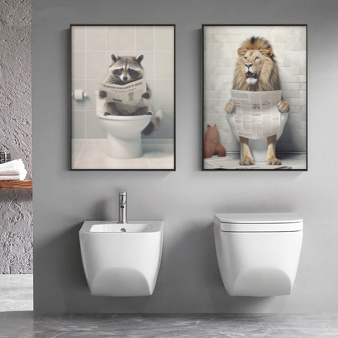 Digital Quirky Animals in the Toilet Wall Art, Lion and Raccoon Sit on ...