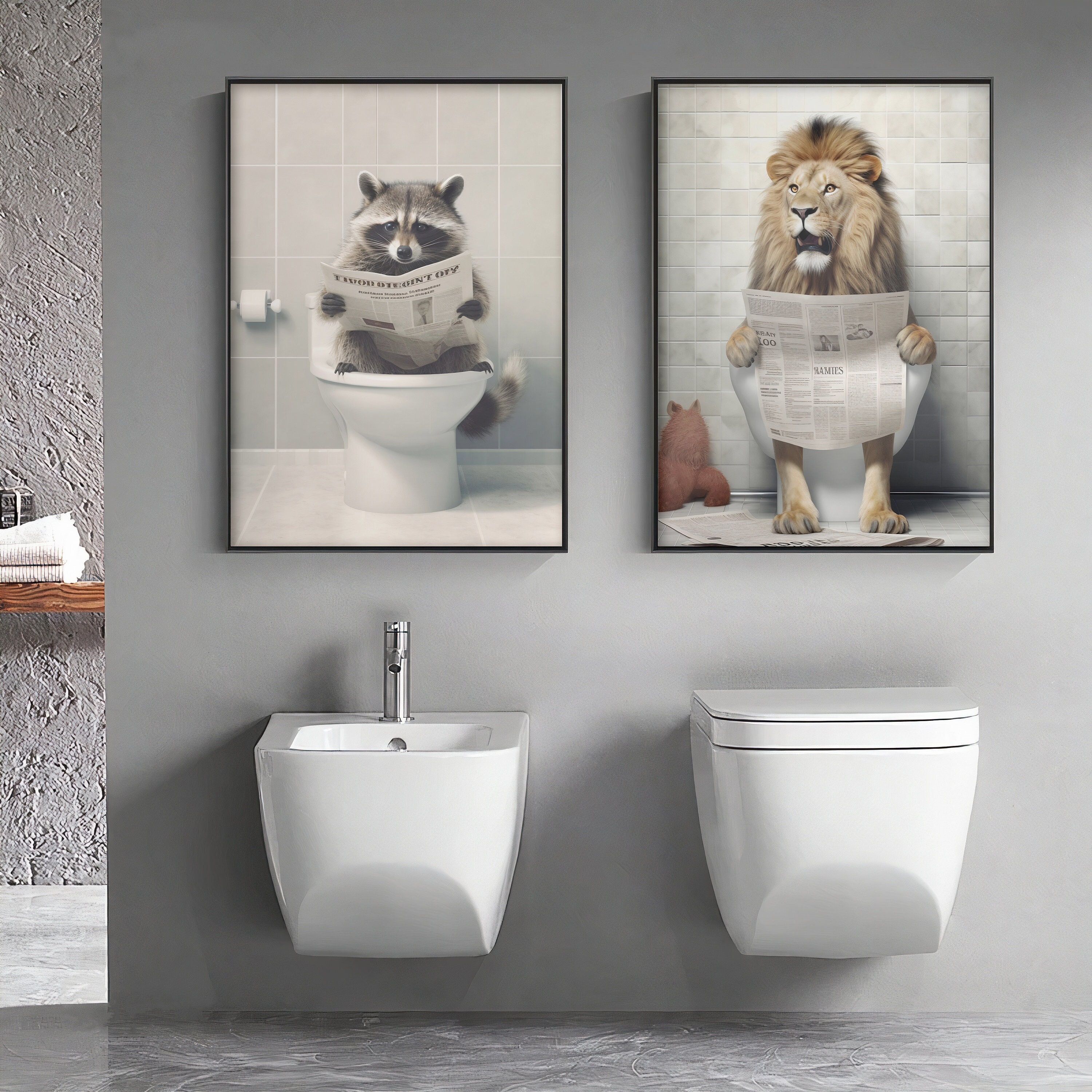 Digital Quirky Animals in the Toilet Wall Art, Lion and Raccoon Sit on the Potty, Funny Decor ...