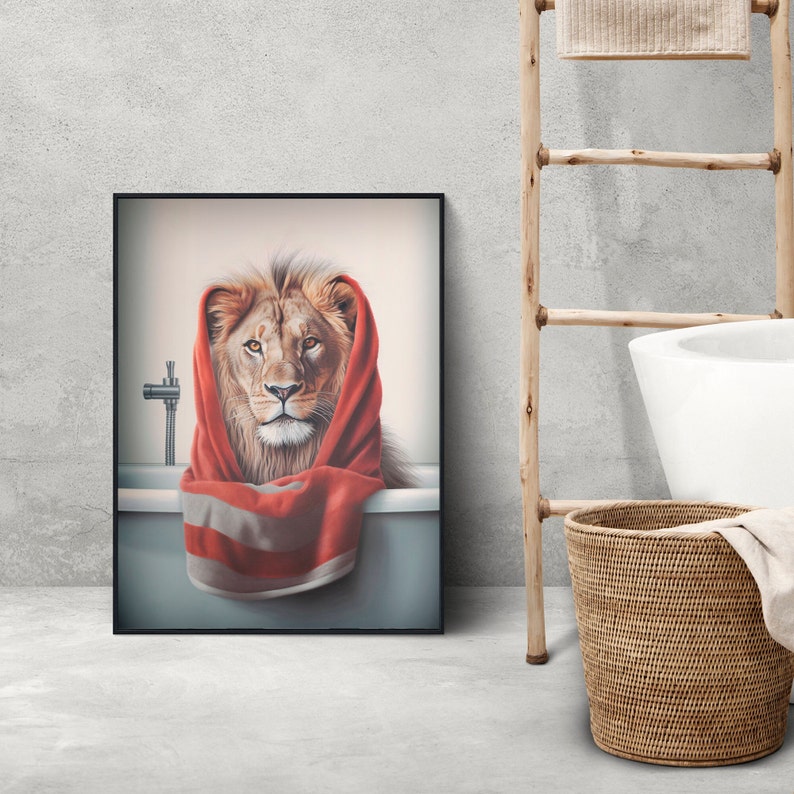 Digital Quirky Animals in Bath Wall Art, Lion and Rabbit Bathing in the ...