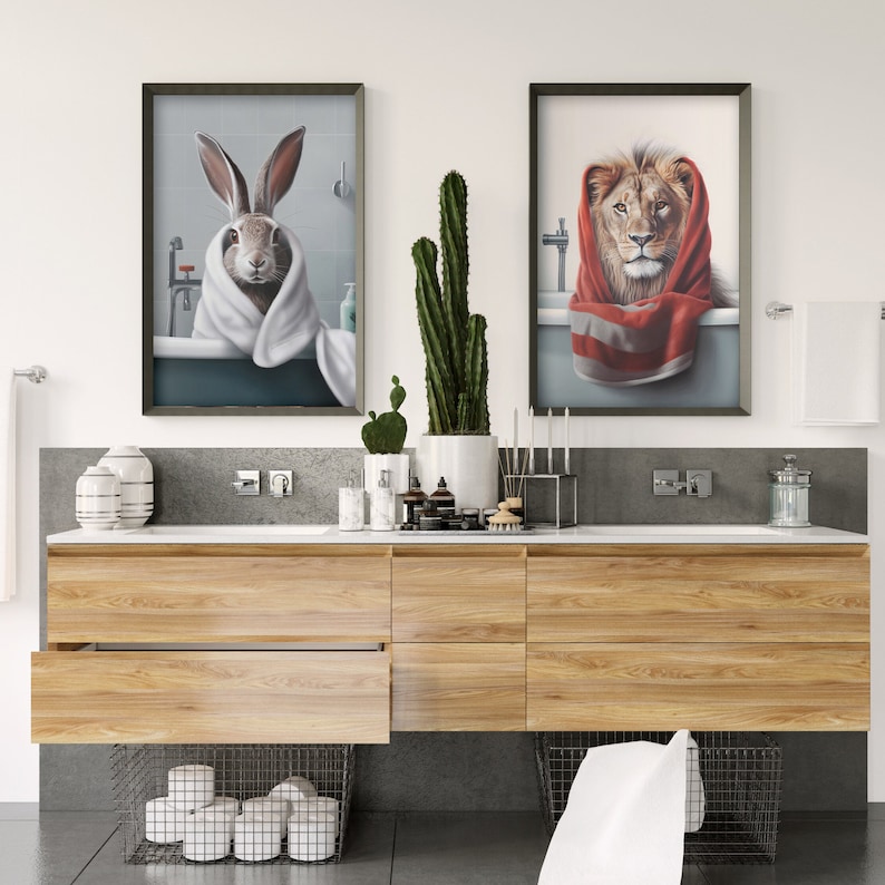 Digital Quirky Animals in Bath Wall Art, Lion and Rabbit Bathing in the ...