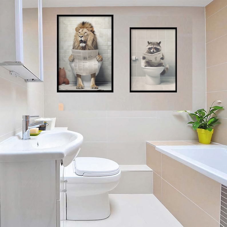 Digital Quirky Animals in the Toilet Wall Art, Lion and Raccoon Sit on