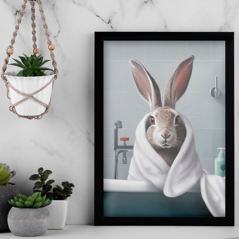 Digital Quirky Animals in Bath Wall Art Lion and Rabbit - Etsy