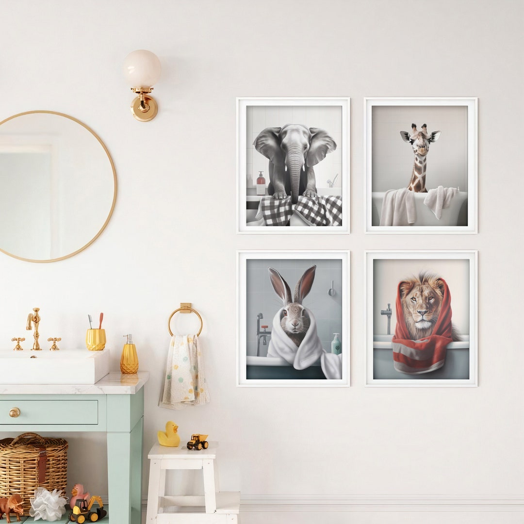 Digital Quirky Animals in Bath Wall Art, Lion, Rabbit, Giraffe ...