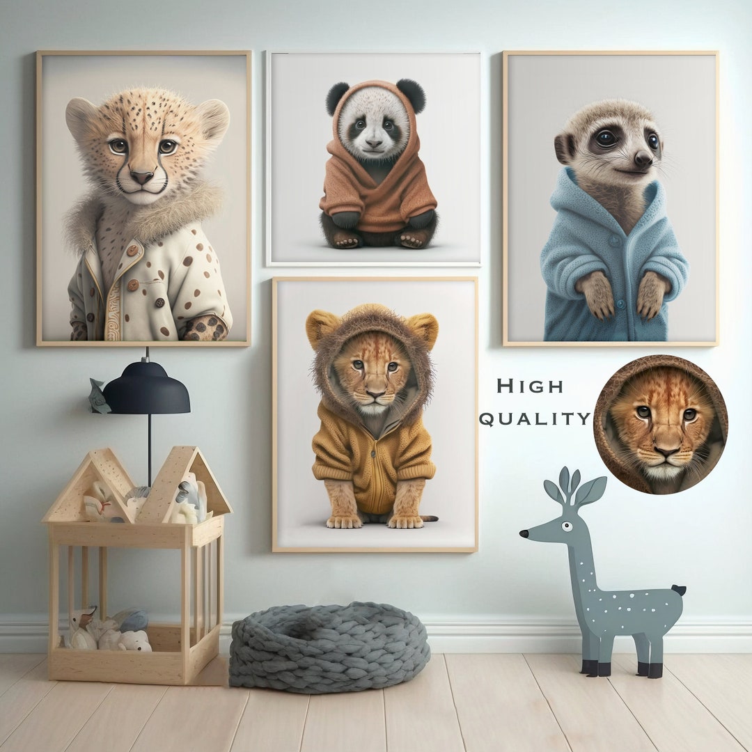 Digital Baby Animals in Clothes, Wall Art Decor Boy Girl Nursery, Cute