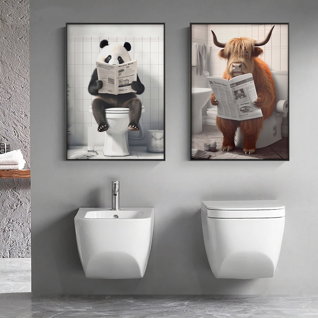 Digital Quirky Animals in the Toilet Wall Art, Panda, Cattle Cow Sit on ...