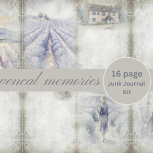 May include: A 16 page junk journal kit with a lavender theme. The cover features a watercolour illustration of a lavender field with a farmhouse in the background. The text "Provencal memories" is printed on the cover.