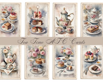 May include: Watercolor illustrations of tea time scenes. Each card features cakes, teacups, teapots, and floral arrangements. The text "Tea Time ATC Cards" is displayed across the center of the image. The color palette includes soft pastels and vintage aesthetics.