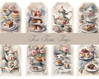 May include: Nine watercolor illustrations of tea time treats and teapots. The illustrations feature cakes, pastries, teacups, and teapots with floral designs. The text "Tea Time Tags" is displayed on a banner.
