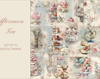 May include: A set of 15 digital papers featuring vintage illustrations of teacups, teapots, cakes, and macarons in a pastel color palette. The papers have a delicate, feminine aesthetic and are perfect for scrapbooking, card making, and other crafting projects.  "Afternoon Tea" is written in a decorative font at the top of the image.
