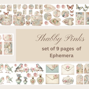 Kit de téléchargement numérique éphémère Shabby Pinks de 9 pages, journal indésirable, collage, étiquettes, cartes de journal, pochettes, shabby chic.