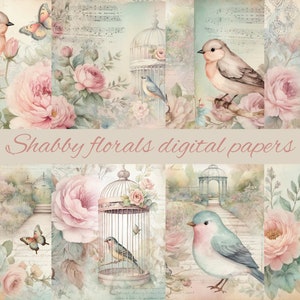Papéis digitais florais surrados, páginas de fundo chiques e surradas, impressões digitais, cartões de registro no diário, diário indesejado, colagem, download para impressão.