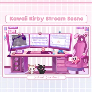 Lo-fi Kirby Animated Setup Stream Screens / 4 Aesthetic Cute Gamer Setup Overlay / Lofi Lovely kitten Pastel Gaming Banner / Twitch Scene
