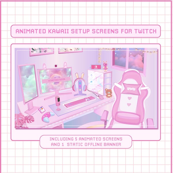 X5 Pinkish Animated Kawaii Setup Screens / Aesthetic Gamer Girl Pink Purple Room Overlay / Pastel Gaming Banner / Twitch Cute Scene