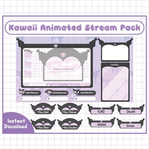 Paquete Kawaii Stream Twitch Kick, superposición animada de Kawaii Stream, pancartas pastel púrpura, lindos gráficos de alertas de paneles Twitch