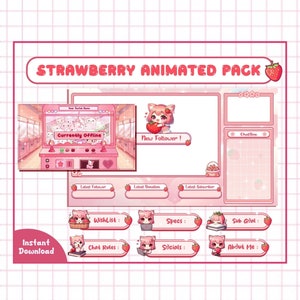 Animated Strawberry Kawaii Twitch Overlay, Aesthetic Pastel Kick Twitch Scenes Package/ Cute Twitch Panels pack / Animated Stream Banners