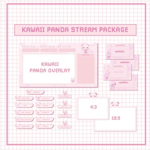 Animated Pink Panda Twitch Overlay, Kawaii Scenes, Pastel Package, Cute Twitch Panels pack, Stream Graphics banners