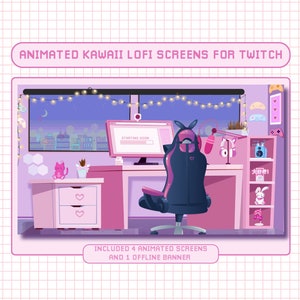 4 Animated Lofi Stream Screens / Kawaii Desktop / Aesthetic Retro Gamer Room Overlay / Pastel Purple Pink Gaming Banner / Twitch  Cute Scene