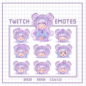 Kawaii Chibi Girl Twitch Emotes, Emote Stream Package, Pastel Purple, Lovely Cute stream emot