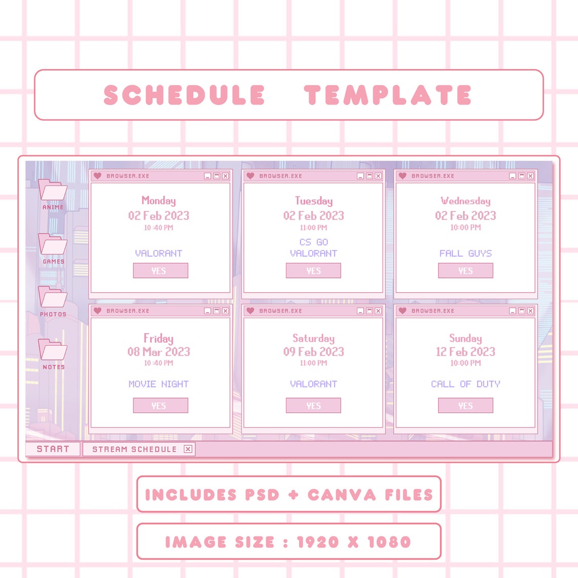 Cute Schedule Twitch Stream , Pastel Template Win 95 Retro Schedule