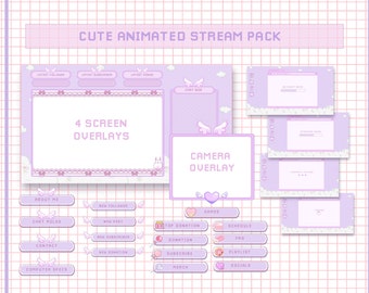 Animated Cute Stream Overlay, Twitch Kawaii Pastel Purple Pink Package, Pixel Overlay ,Animated Lovely Scene, Animated Alerts