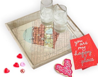 Personalized Wood Serving Tray, Custom Heart-Shaped Map - Perfect Gift for 5th Anniversary, Wedding, Engagement, Housewarming, Birthday