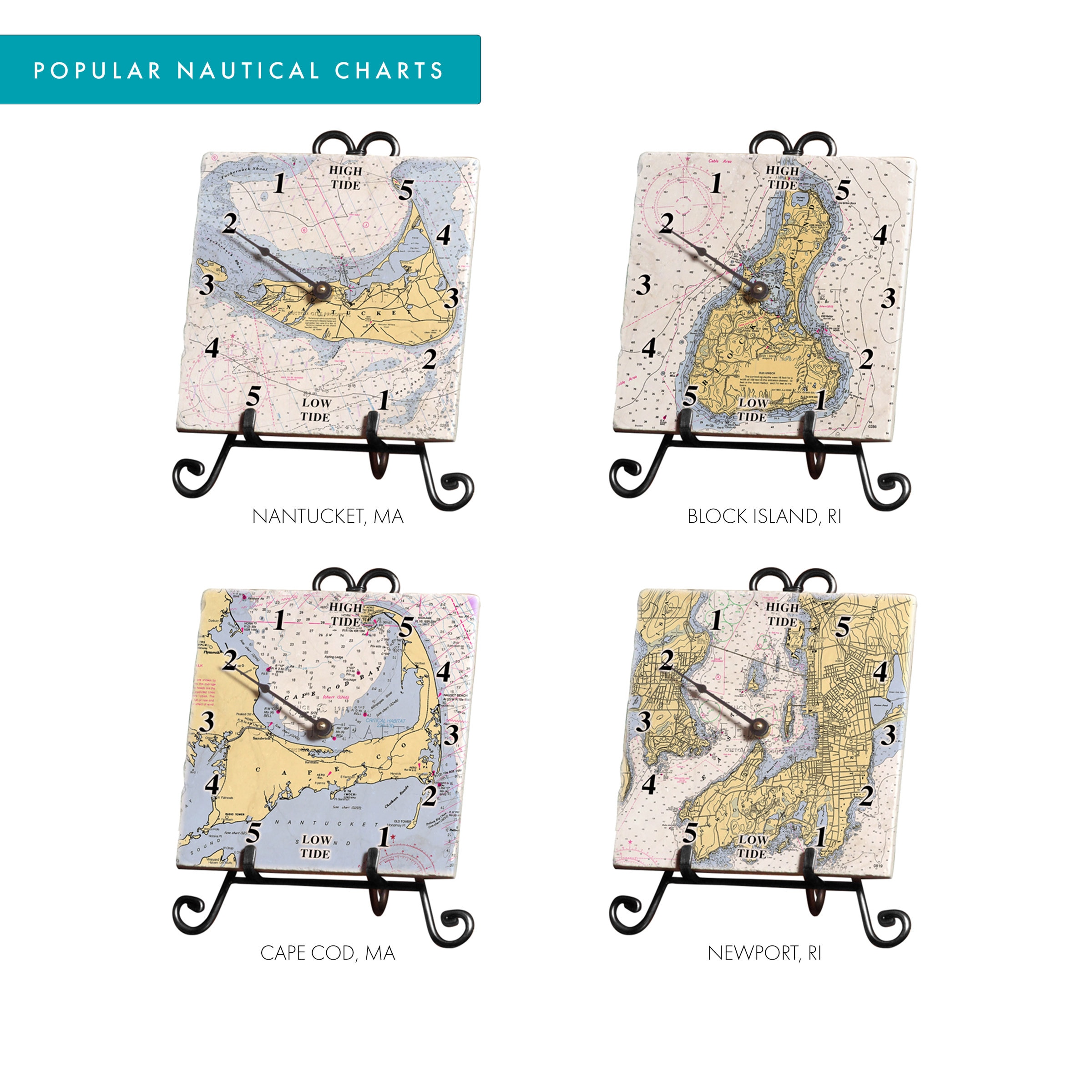 Personalized Nautical Chart Tide Clock Tumbled Marble Perfect Gift for Wedding, Engagement